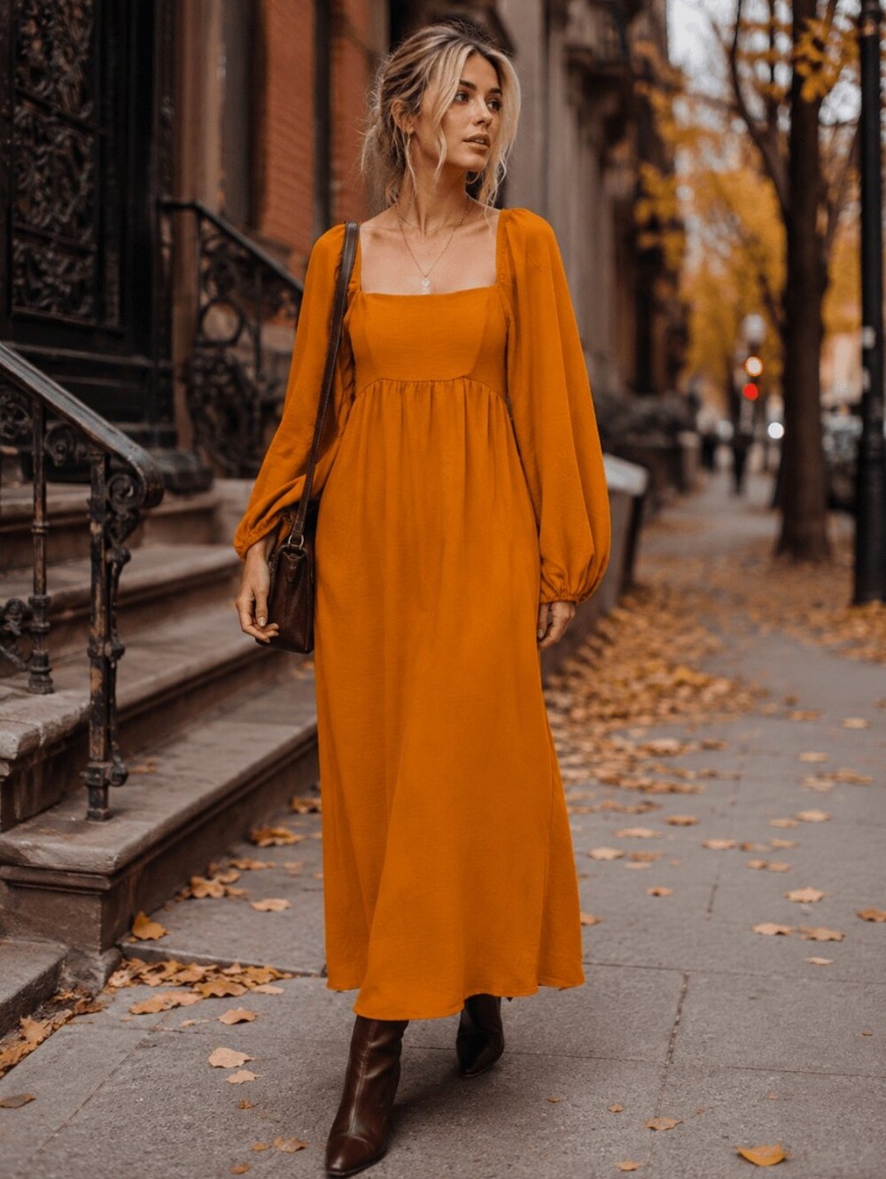 Boutique Women's Long Sleeve Square Neck Smock Maxi Dress In Rust Small New